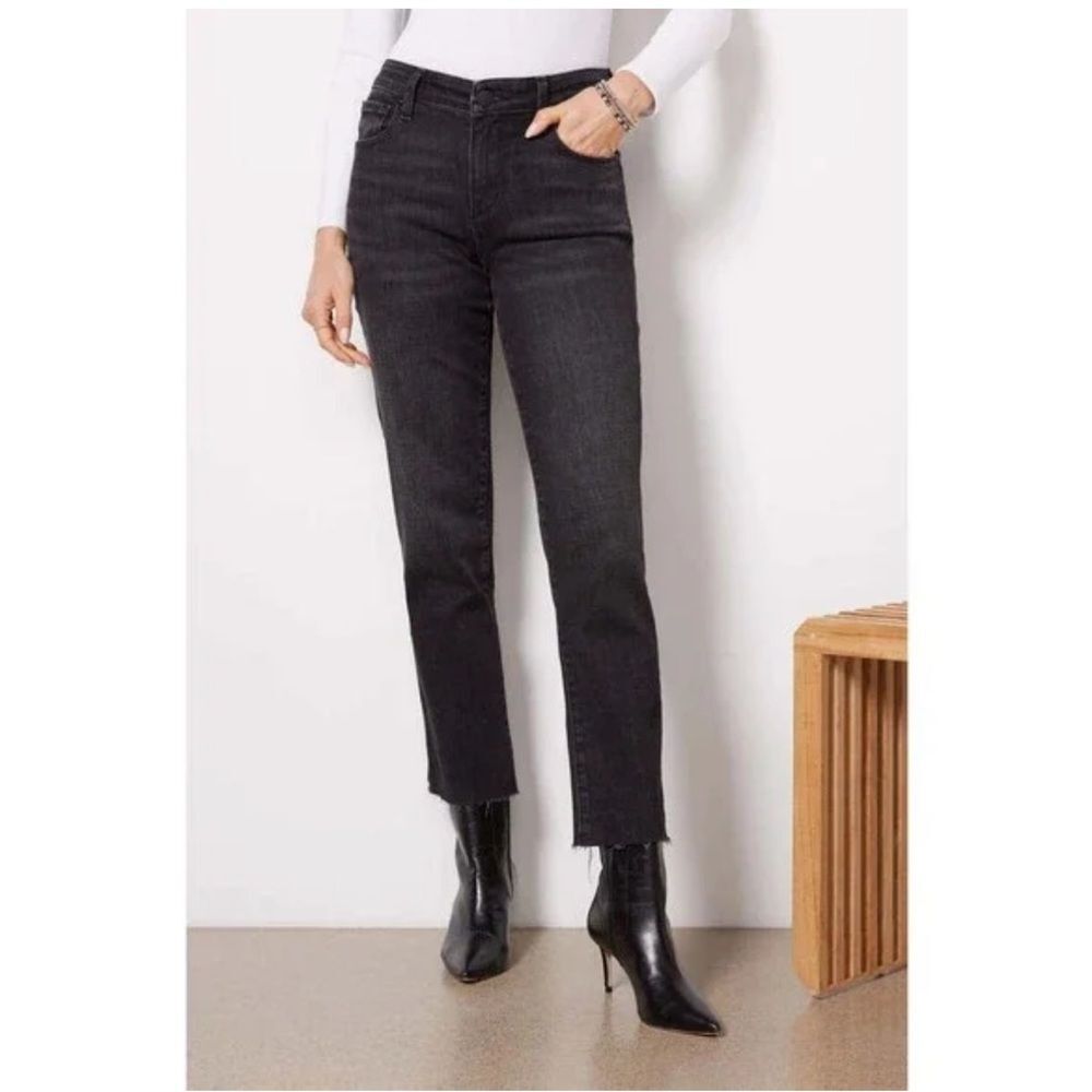 Evereve High Rise The Ever Straight Black Denim Raw Hem Button Fly Jeans Sz 25